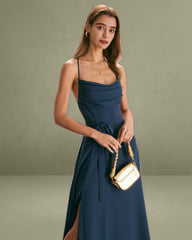 The Navy Cowl Neck Cutout Back Maxi Dress