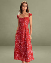 Red Floral Sweetheart Neck Cap Sleeve Midi Dress