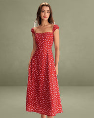 Red Floral Sweetheart Neck Cap Sleeve Midi Dress
