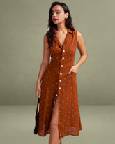 Brown Polka Dot Sleeveless Midi Dress