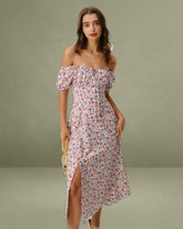 Grey Floral Square Neck Puffed Sleeve Midi Dress