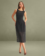 Black Polka Dot Boat Neck Midi Dress