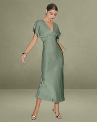 Green Satin V Neck Midi Dress