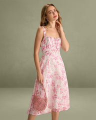 The Pink Square Neck Floral Ruched Midi Dress