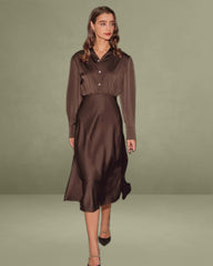 Coffee Ruched Button Mid-length Dress