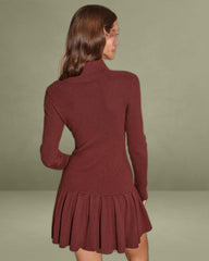 Coffee A-Line Pleated Sweater Dress