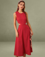 The Red Round Neck Cut-Out Midi Dress