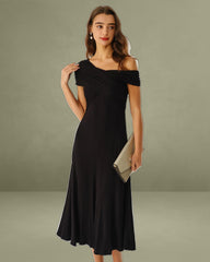 Black One-Shoulder A-Line Midi Dress