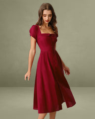 Wine Red Square Neck A-Line Mid-Length Dress