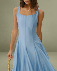 Blue Square Neck A-Line Sleeveless Midi Dress