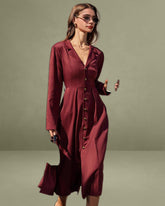 Wine Red Ruched A-Line Midi Dress