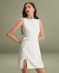 The White Boat Neck Bowknot Satin Mini Dress