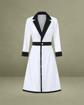 White Contrasting V Neck Button Midi Dress