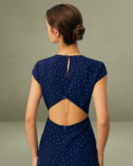 The Navy Round Neck Polka Dot Cutout Midi Dress