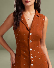 Brown Polka Dot Sleeveless Midi Dress