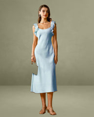 Blue Square Neck Ruffle Satin Midi Dress