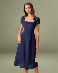 Navy Square Neck Short Sleeves A-Line Midi Dress