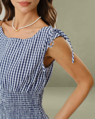 Blue Plaid Boat Neck Shirred Midi Dress