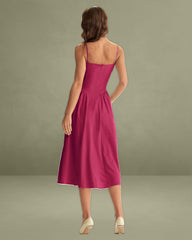 Wine Red Square Neck Pocket Slip Midi Dress