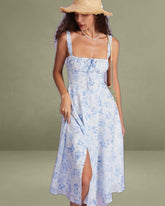 The Blue Square Neck Floral Ruched Midi Dress