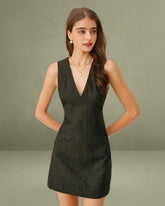 Dark Green V Neck Sleeveless Mini Dress
