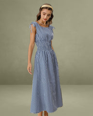 Blue Plaid Boat Neck Shirred Midi Dress