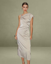 Grey Cowl Sleeve Asymmetrical Satin Midi Dress