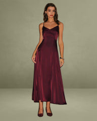 Wine Red Satin A-Line Slip Maxi Dress