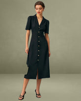 The Black V Neck Button Puff Sleeve Midi Dress