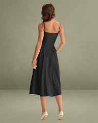 Black Square Neck Pocket Slip Midi Dress