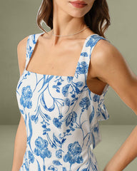 Blue Floral Tie-back Slip Mini Dress