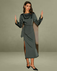 Green Satin Cowl Neck Slit Midi Dress