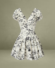 White Floral Ruched V Neck Mini Dress