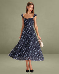 Navy Floral Sweetheart Neck Midi Dress