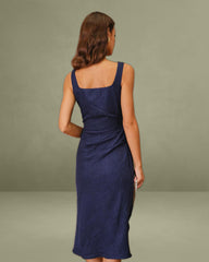 Navy Square Neck Slit Sleeveless Midi Dress