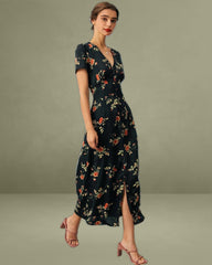 Black V-Neck Floral Short-Sleeve Maxi Dress