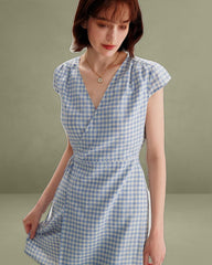 Blue Plaid Cap Sleeve Wrap Mini Dress