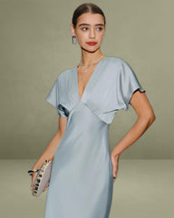 Blue Satin Cowl Sleeve Midi Dress