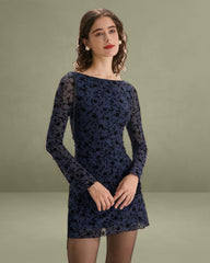 Women's Blue Translucent Long Sleeve Mini Dress