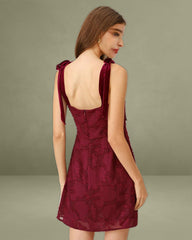 Wine Red Floral Tie Strap Mini Dress