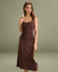 Women's Brown Ruched Knitted Slip Midi Dress