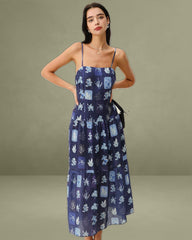Blue Floral Ruched Bohemian Slip Maxi Dress