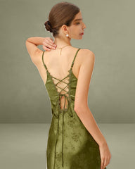 Green Jacquard Corset Slip Maxi Dress