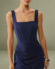 Navy Ruched Slit Slip Maxi Dress