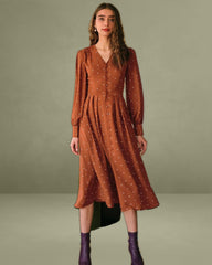 Brown Polka Dot Pleated Midi Dress