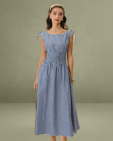 Blue Plaid Boat Neck Shirred Midi Dress