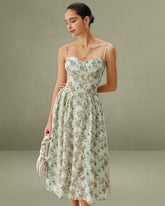 Green Floral Sweetheart Neck Pleated Slip Midi Dress