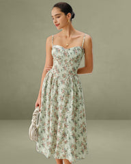 Green Floral Sweetheart Neck Pleated Slip Midi Dress