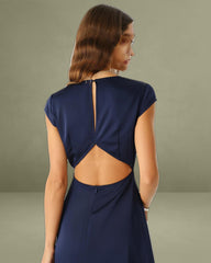 Navy Satin Cut Out Slit Midi Dress