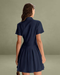 Navy Button Pleated Mini Dress